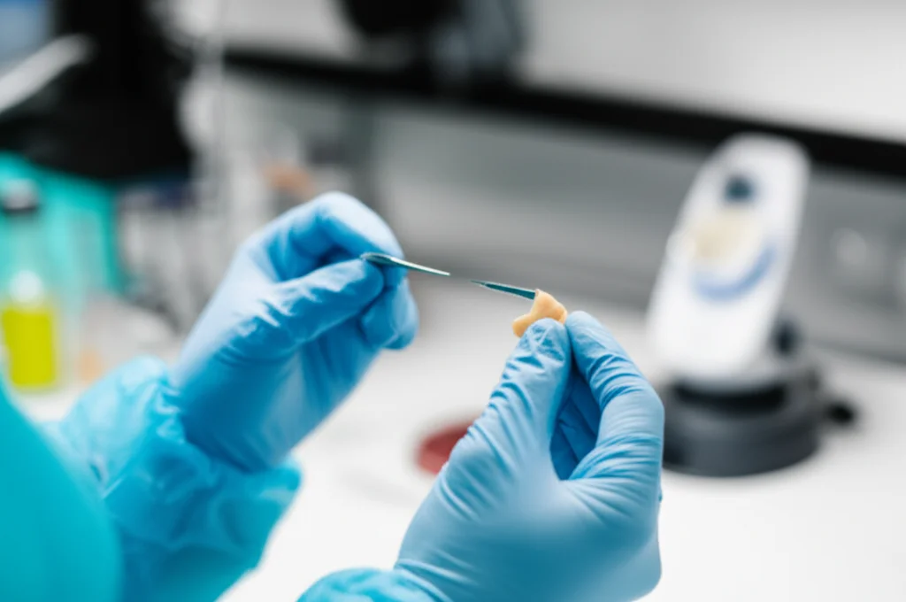 Portrait photography, 35mm portrait, depth of field: A focused shot on a medical professional's hands in sterile gloves, carefully handling a small nasal prosthesis implant over a blurred background of lab equipment.