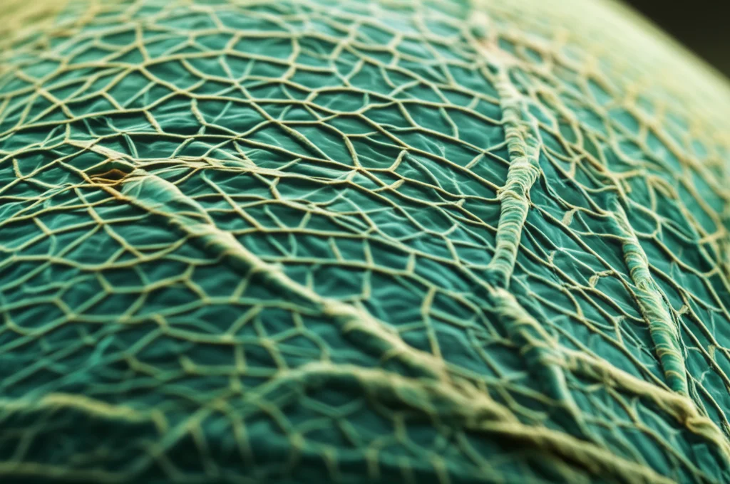 Photorealistic close-up of a spruce needle surface, showing microscopic fungal hyphae interacting with plant cells, macro lens, 100mm, high detail, precise focusing, controlled lighting.