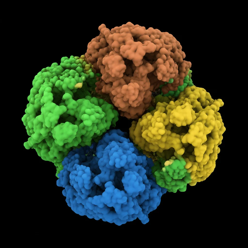 Photorealistic representation of a complex protein structure model, highlighting distinct functional domains in different colors, macro lens, 60mm, high detail, precise focusing, controlled lighting.