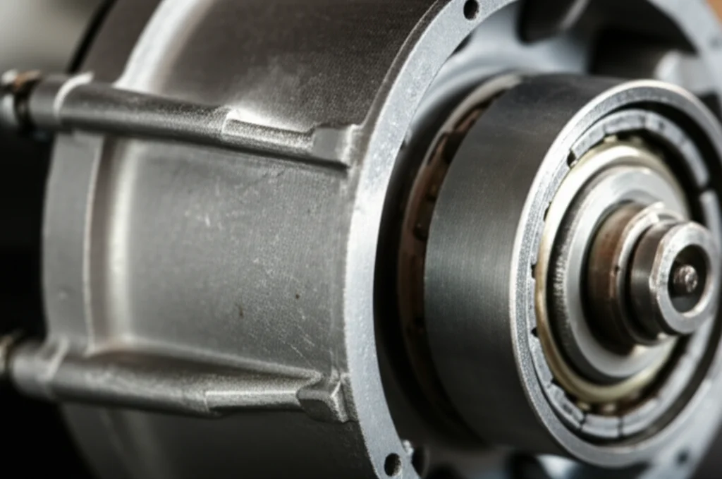 A photorealistic close-up image of a micro wind turbine generator casing with visible bearings. Use a macro lens at 100mm to show high detail of the mechanical components. Employ controlled lighting to highlight the textures and structure of the metal parts.