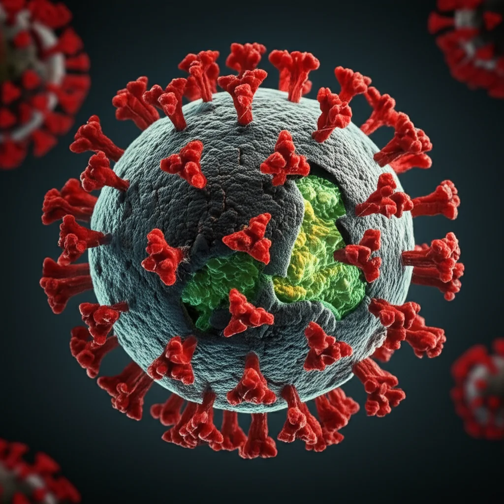 A photorealistic microscopic image showing a single, modified SARS-CoV-2 virus particle with missing components, macro lens, 105mm, high detail, precise focusing, controlled lighting.