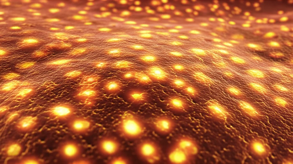 A photorealistic abstract image representing a strong immune response, perhaps glowing or active cells, macro lens, 100mm, high detail, precise focusing, controlled lighting.