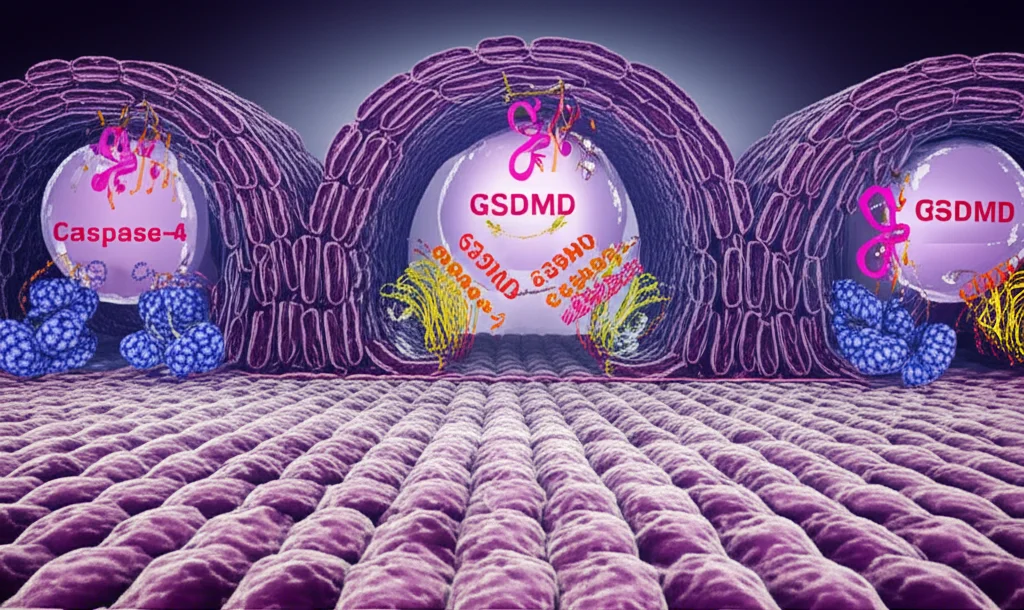 Macro lens, 60mm, high detail, precise focusing, controlled lighting, conceptual image of intestinal epithelial cells forming a tight barrier, with symbolic representations of proteins like GSDMD and Caspase-4 interacting within the cellular structure.