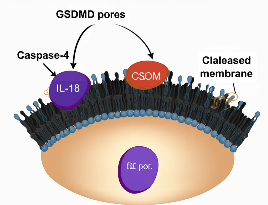 High detail, precise focusing, controlled lighting, conceptual diagram illustrating a feedback loop: GSDMD pores on a cell membrane signaling back to cleave Caspase-4, limiting IL-18 release.