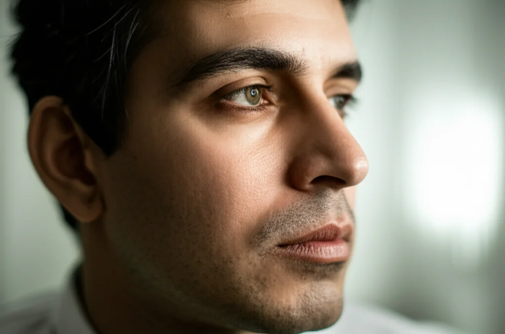 A close-up portrait of a person looking thoughtful, 35mm portrait, depth of field, suggesting the complexity of medical outcomes and the possibility of relapse after treatment.