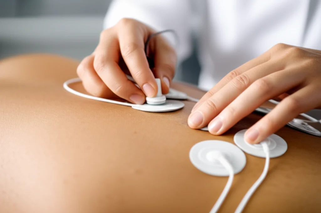 photorealistic image of a patient receiving a non-invasive neuromodulation treatment, like TENS, showing electrodes on the skin, macro lens, high detail, controlled lighting
