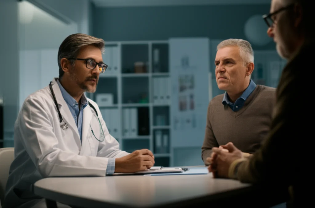 photorealistic image showing a healthcare professional discussing treatment options with a patient in a clinic setting, portrait photography, 35mm portrait, depth of field