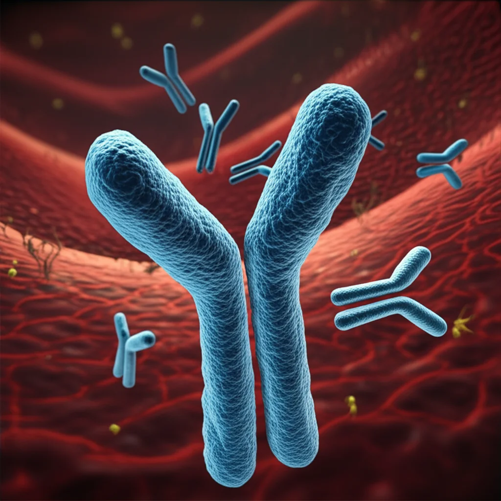 Stylized scientific illustration depicting antibodies blocking molecular signals related to muscle atrophy, macro lens, precise focusing, high detail
