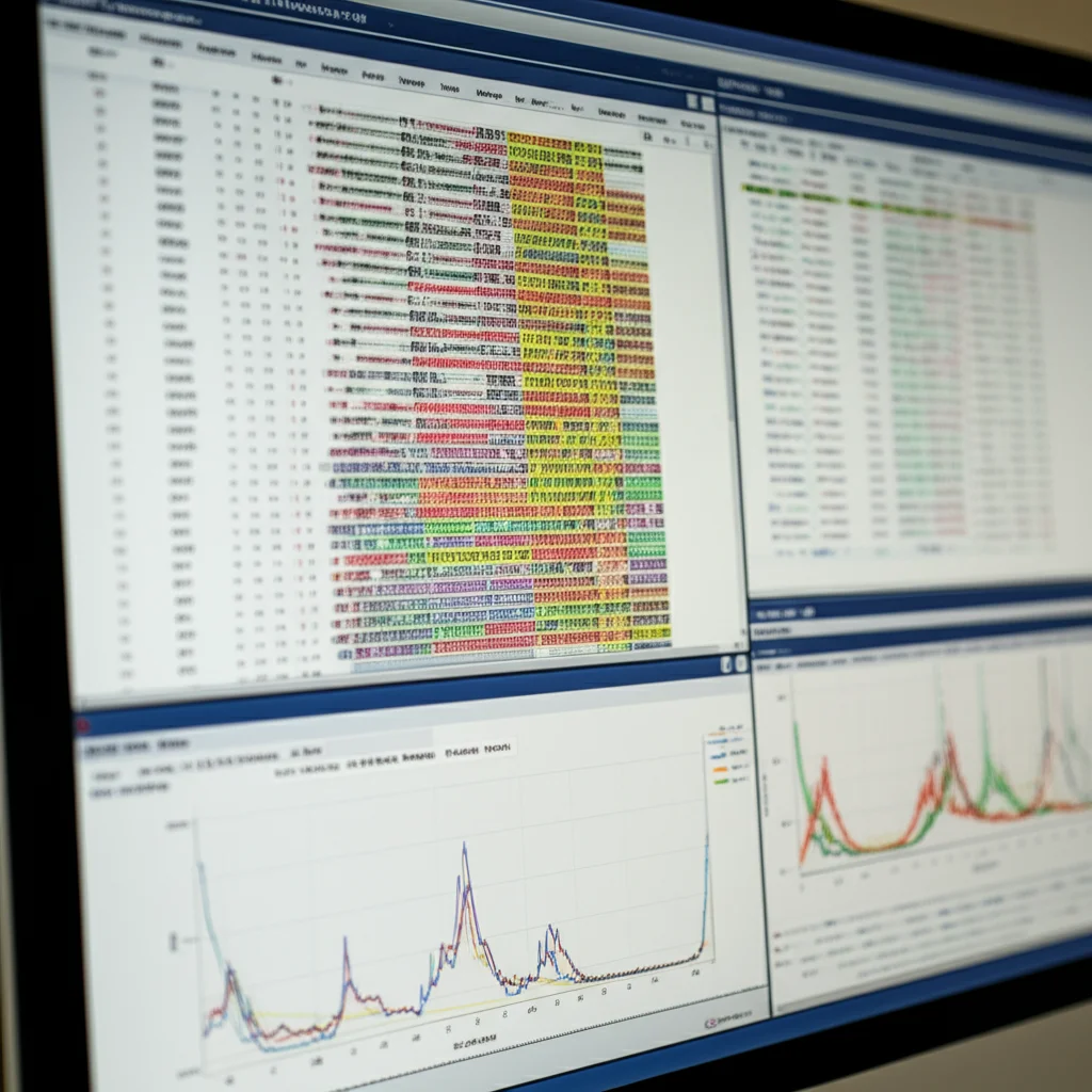 A photorealistic image showing a complex bioinformatics analysis screen displaying genetic sequence data and diversity graphs for Plasmodium falciparum, with high detail and precise focusing on the screen.