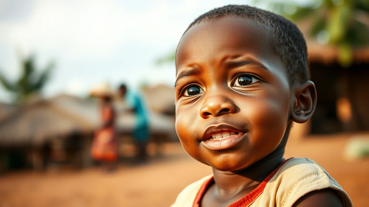 A poignant portrait, 35mm lens, of a child in a region affected by malaria, looking hopefully towards a future free of the disease, with a shallow depth of field.