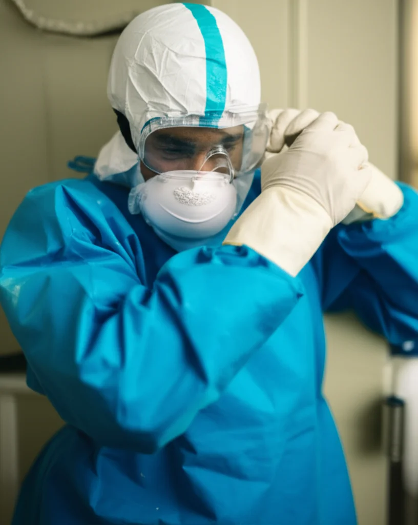 Photorealistic image of a person struggling to put on bulky protective gear, maybe in a hospital setting, highlighting the training or equipment challenge. Use a 35mm lens, add depth of field.