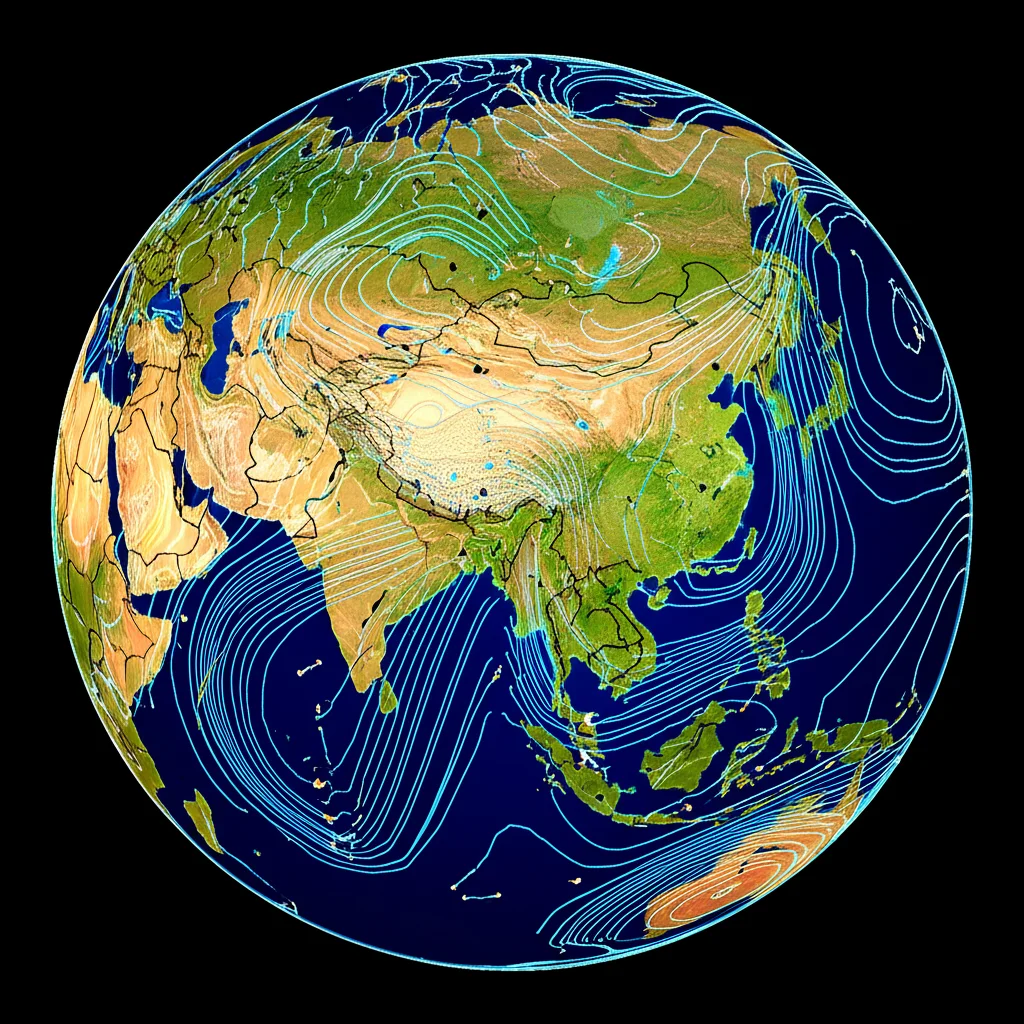 A photorealistic visualization of atmospheric currents. Swirling lines represent the subpolar and subtropical jet streams interacting over a map of Asia. Use wide-angle lens (10mm) to show the large scale, with some depth of field to highlight the jet streams.