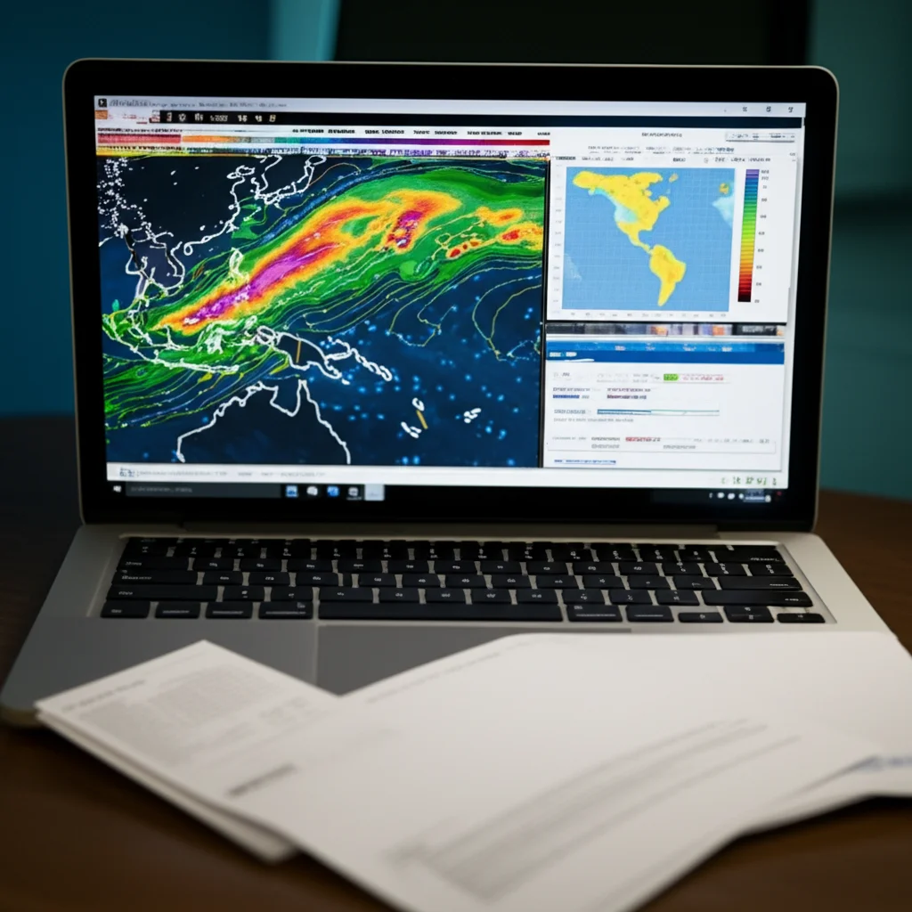 A still life image (60mm Macro lens) showing scientific tools like a computer screen displaying weather data visualizations (jet streams, moisture transport maps) and research papers, symbolizing the analytical process. High detail, controlled lighting.