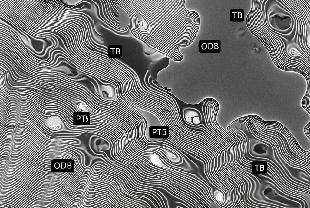 Conceptual microscopic view showing different crystal interfaces (TB, PTB, ODB) with abstract representations of strain fields around them, high detail, controlled lighting, 100mm Macro lens.