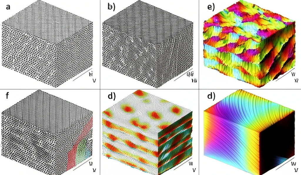 Abstract visualization showing different simulated microstructures of Ti-Al alloy under varying levels of 'strain energy influence' (D=0, 0.9, 1.0, 1.1), transitioning from random structures to ordered lamellae with increasing prevalence of one type of interface (represented by color or pattern), high detail, controlled lighting, 60mm Macro lens.
