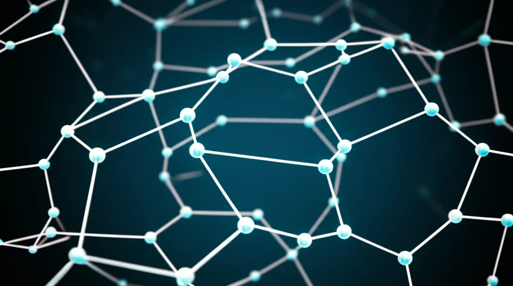 A photorealistic image of a complex molecular graph structure with nodes and edges highlighted, macro lens, 105mm, high detail, precise focusing.