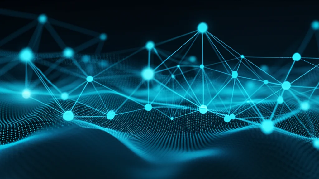 A photorealistic depiction of data points being processed by abstract machine learning nodes, controlled lighting, 60mm macro lens, high detail.