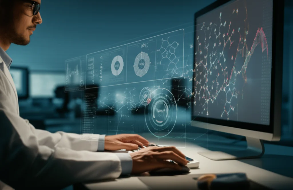A photorealistic image showing a scientist working on a computer with complex molecular structures on screen, overlaid with predictive data visualizations, controlled lighting, 35mm prime lens, depth of field.