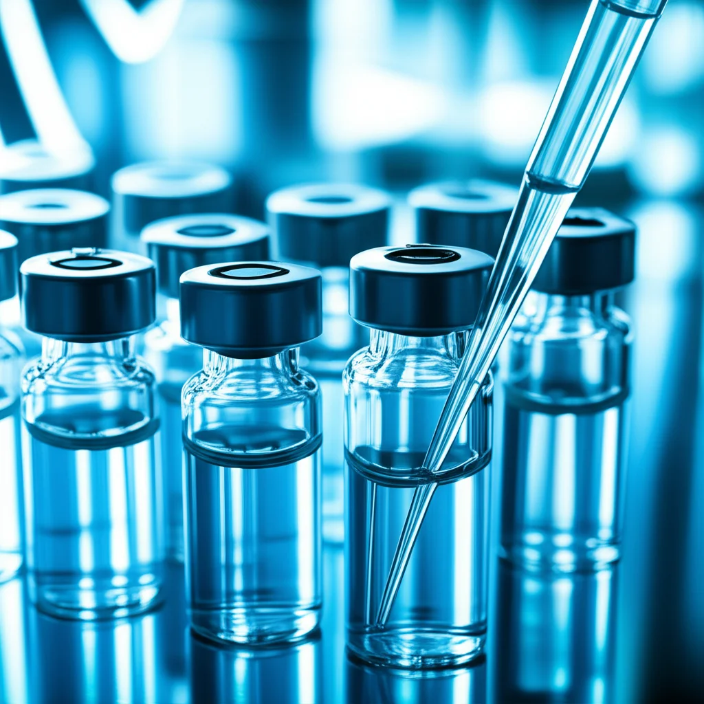 A macro lens shot at 100mm showing a close-up, highly detailed view of a collection of laboratory vials and pipettes in a clinical setting, emphasizing precise focusing and controlled lighting.