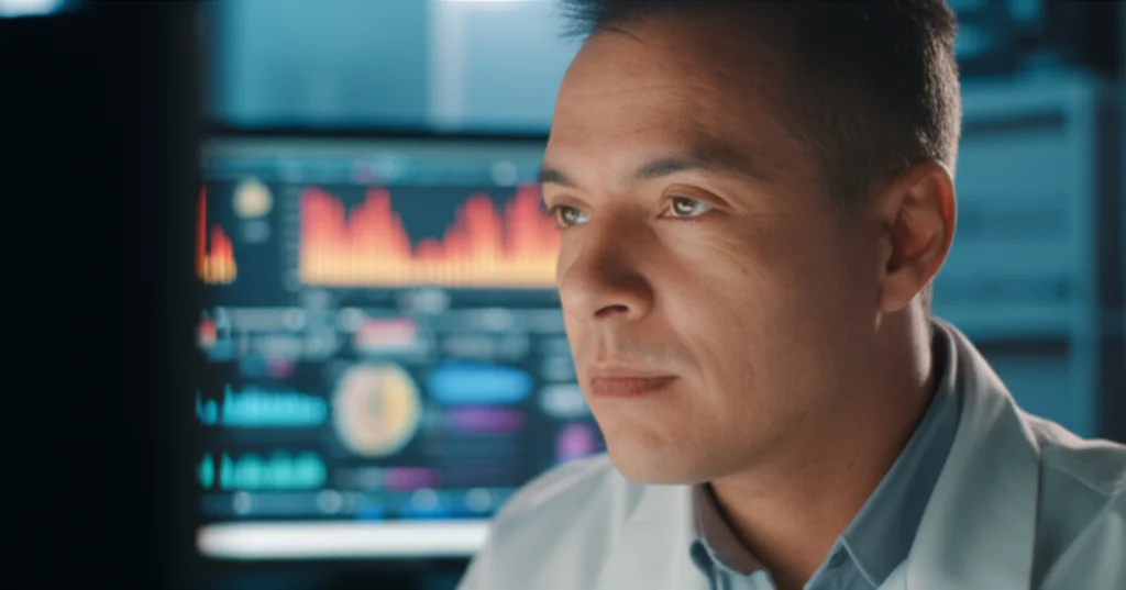 Photorealistic portrait of a researcher looking at data charts and graphs on a screen, focusing on neurological patterns, 35mm portrait, precise focusing, controlled lighting.