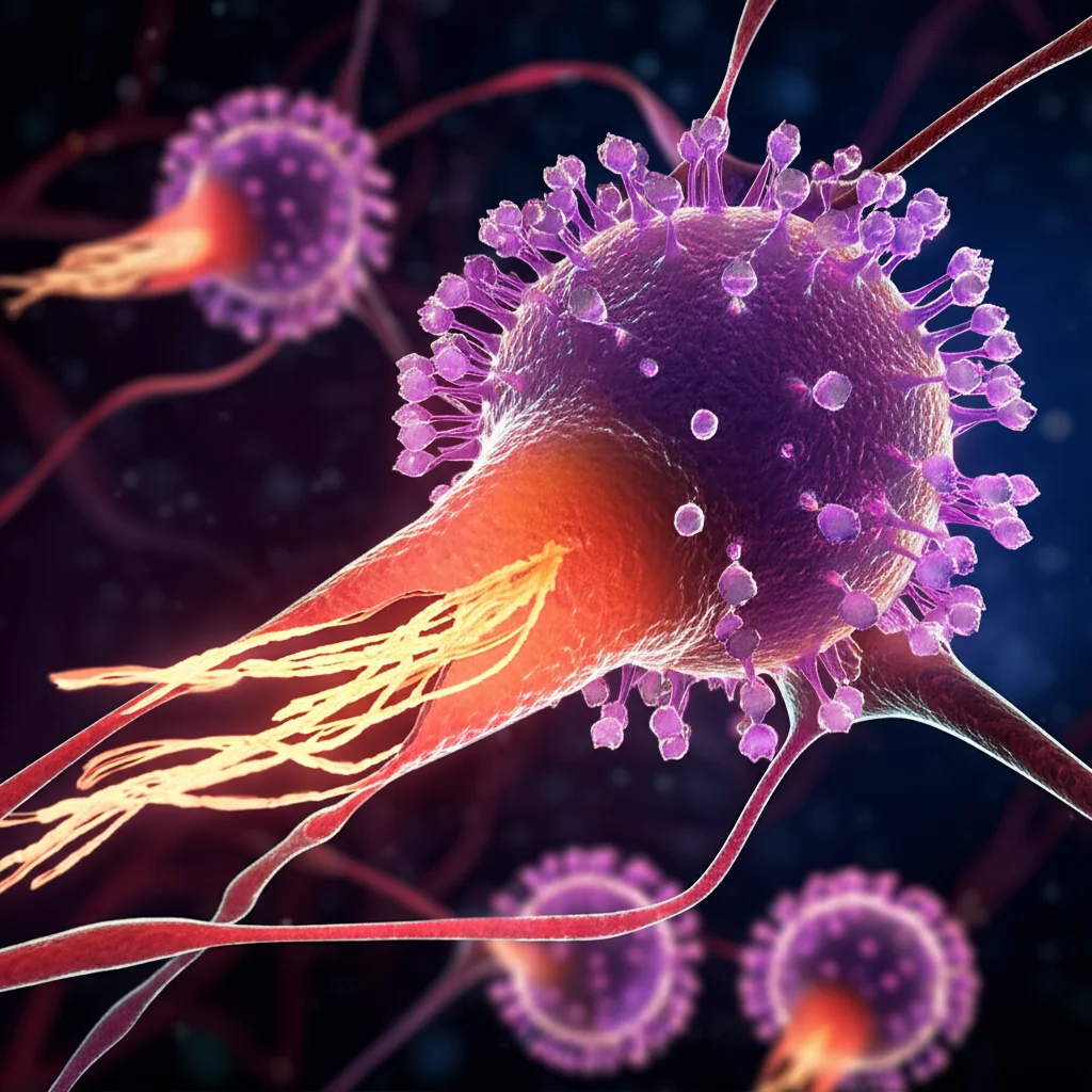 Photorealistic macro shot of a conceptual representation of a virus particle interacting with a nerve cell, high detail, precise focusing, controlled lighting.