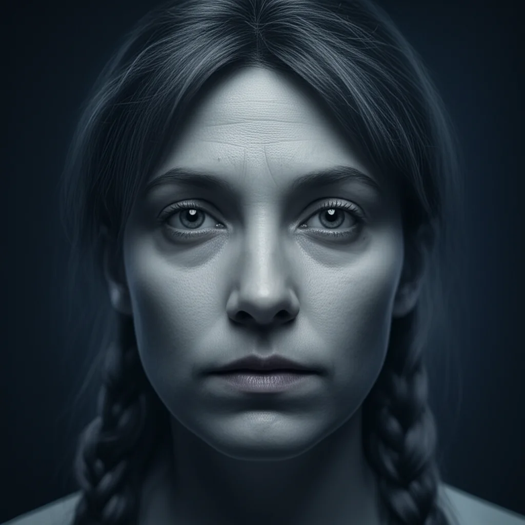 Photorealistic close-up portrait of a person with subtle ptosis (drooping eyelid), representing a common Myasthenia Gravis symptom, 35mm portrait, depth of field, blue and grey duotones.