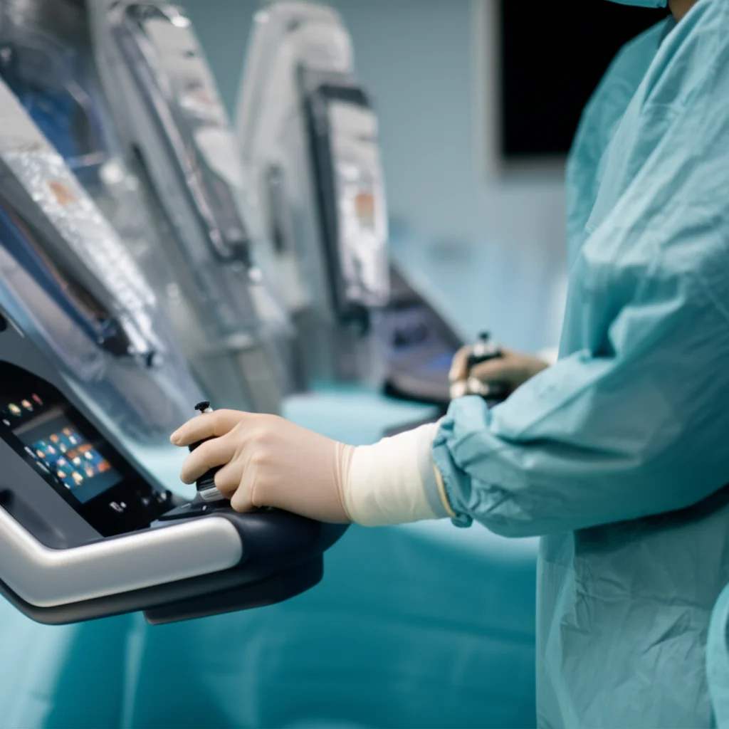 Photorealistic image of a robotic surgery console with a surgeon's hands on the controls, depth of field focusing on the console, 35mm portrait lens.