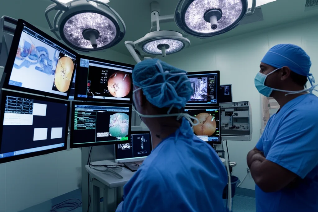 Photorealistic image showing a urology trainee and a specialist looking at screens in a robotic surgery training simulation room, controlled lighting, high detail, 60mm macro lens.