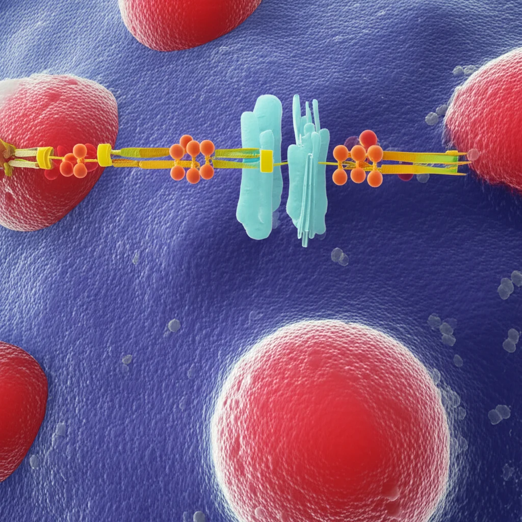 Macro lens view, 60mm, high detail, precise focusing, controlled lighting of abstract cellular components representing the NLRP3 inflammasome pathway being activated.