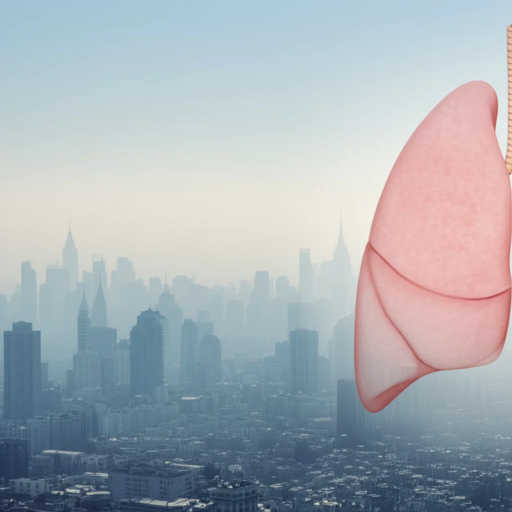 Wide-angle landscape, 24mm, sharp focus, showing a city skyline with visible air pollution haze, juxtaposed with a subtle overlay representing healthy lung tissue.