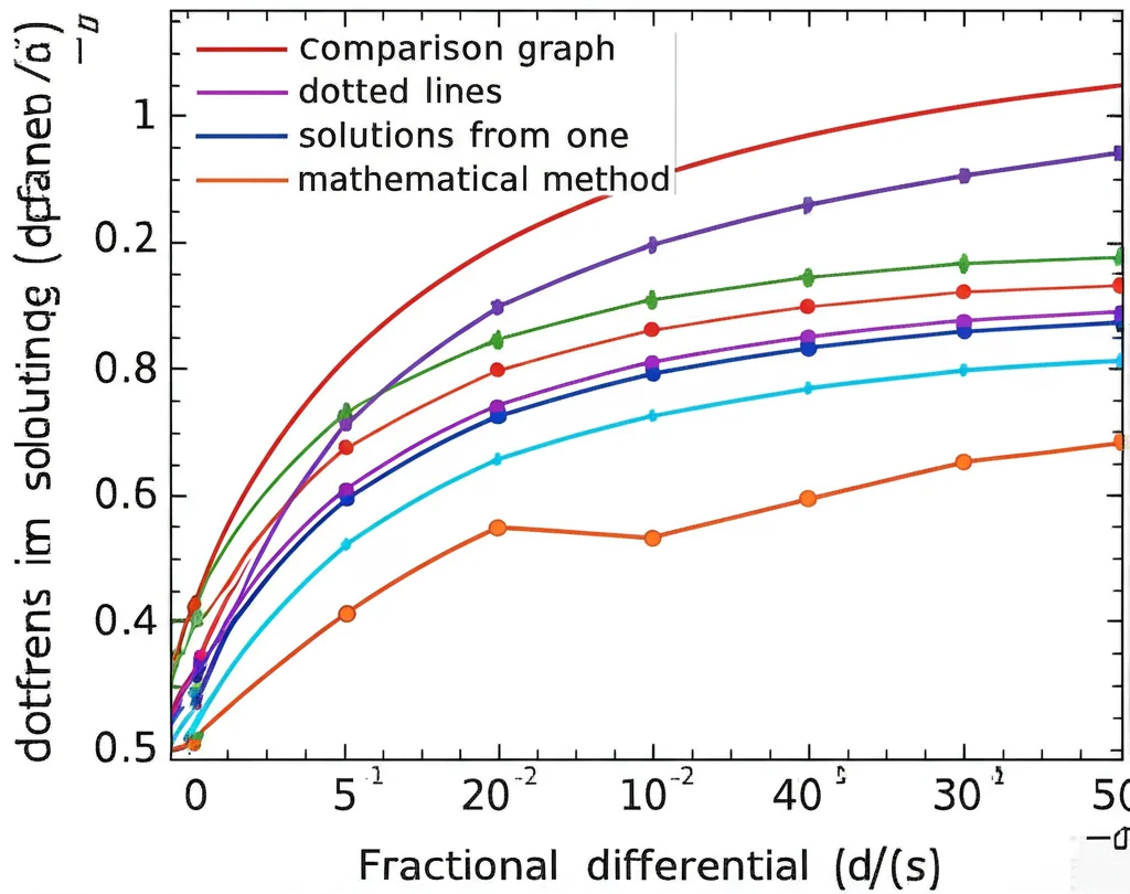 Comparison graphs showing dotted lines representing solutions from one mathematical method and solid lines from another, highlighting differences in convergence for fractional differential equations, high detail, precise focusing.