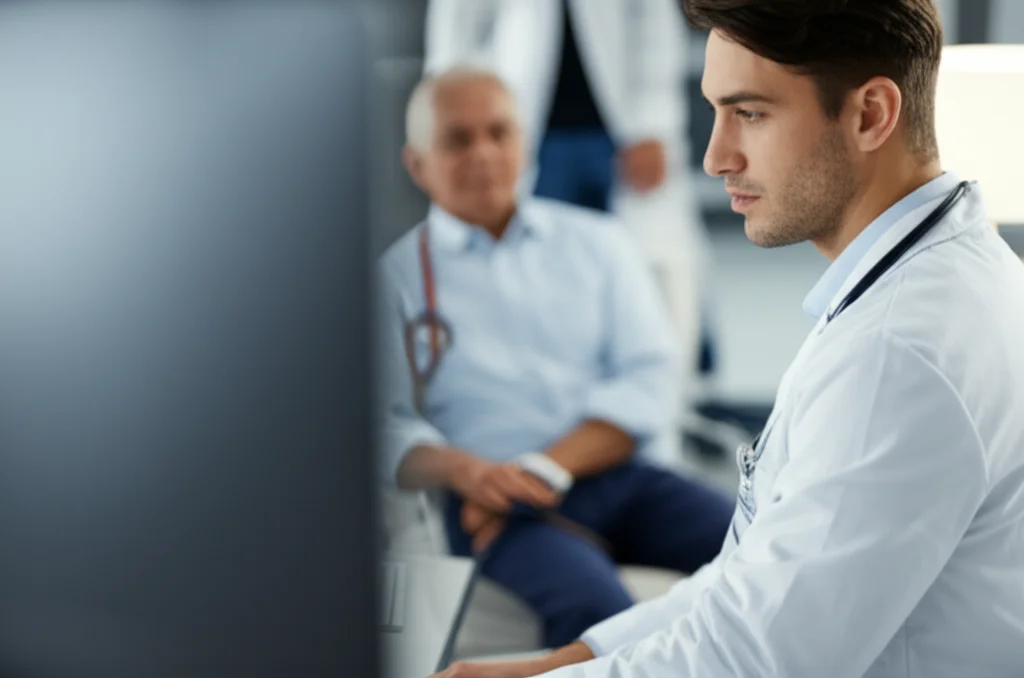 A medical professional reviewing patient data on a computer screen, macro lens, high detail, controlled lighting