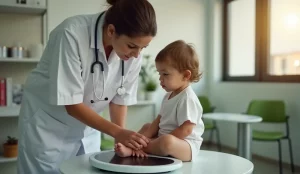A healthcare professional gently measures a young child on a modern digital scale in a clean, well-lit Brazilian clinic. The focus is on the interaction and the precision of the measurement, symbolizing the importance of accurate anthropometric data. Prime lens, 35mm, depth of field, warm duotones (e.g., sepia and cream).