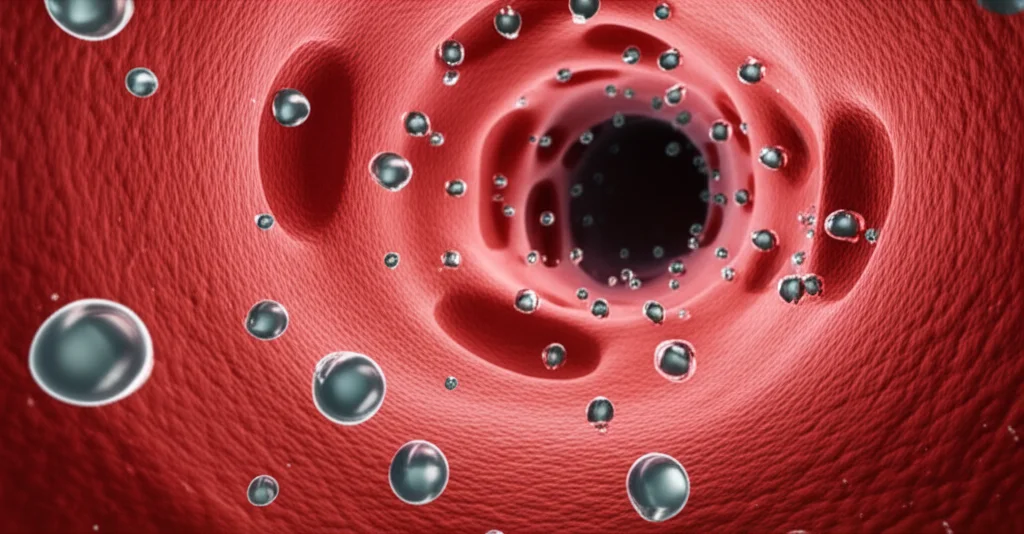 Photorealistic image of a microscopic view of tiny metallic particles navigating through blood vessels towards a target area, representing precision medicine. Macro lens, 60mm, high detail, precise focusing.