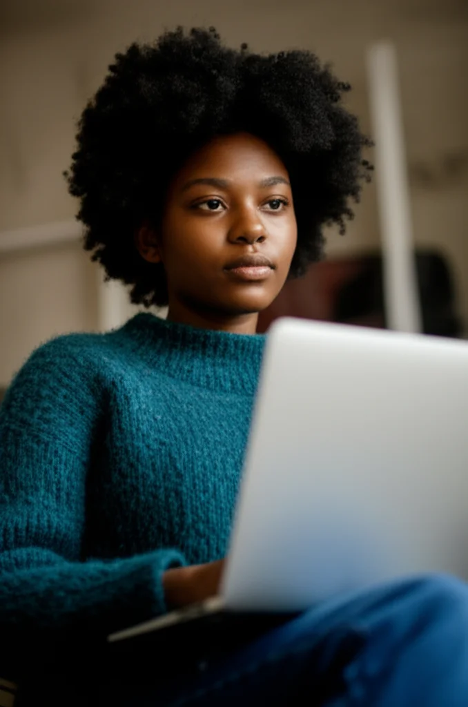 Portrait of a young Roma woman using a laptop, 35mm portrait, depth of field, high detail