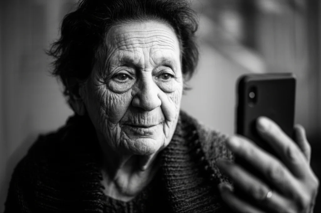 Older Roma woman using a smartphone for a video call, 24mm portrait, black and white film, depth of field