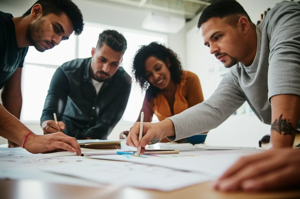 Scene of community members and professionals collaborating, wide-angle, 24mm, sharp focus