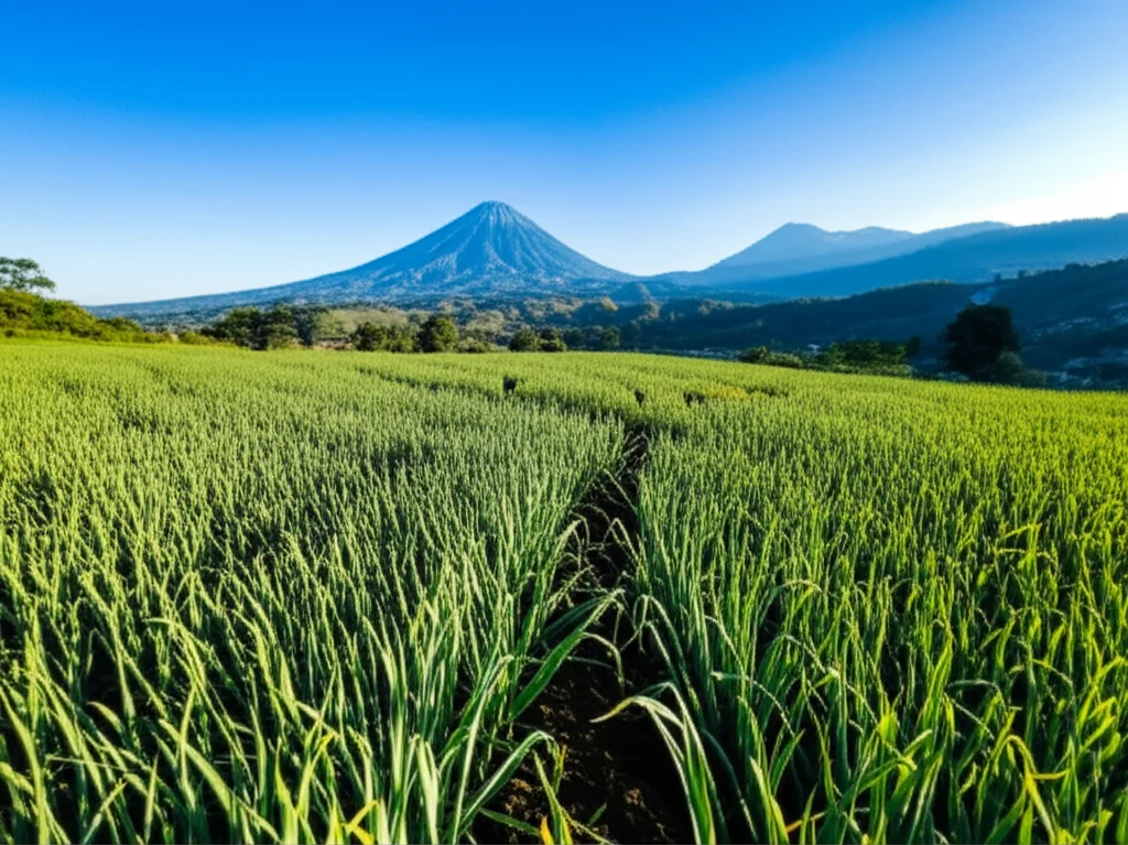 A wide-angle landscape photo, 10mm focal length, sharp focus, showing vibrant green garlic fields stretching across a valley in Indonesia, with mountains in the background under a clear sky.