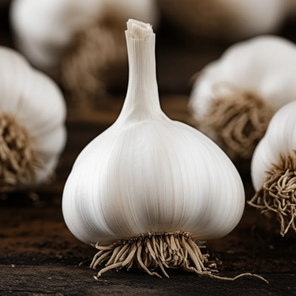 A macro lens photo, 100mm focal length, high detail, precise focusing, controlled lighting, showing a single perfect garlic bulb with roots and soil clinging to it, against a blurred background of other bulbs.