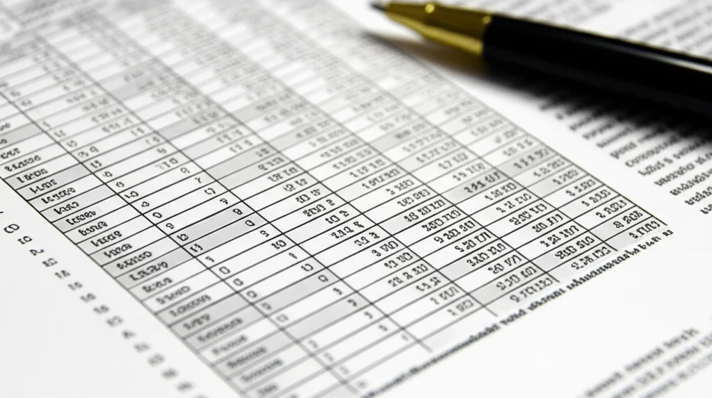 An object photography image, 60mm macro lens, high detail, precise focusing, controlled lighting, showing a Policy Analysis Matrix (PAM) table printed on paper, with calculations visible, perhaps with a pen resting on it.