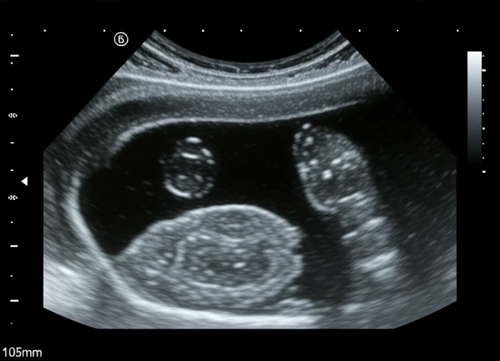 Ovarian ultrasound image showing multiple small cysts, enhanced for clarity, macro lens, 105mm, high detail, precise focusing, controlled lighting