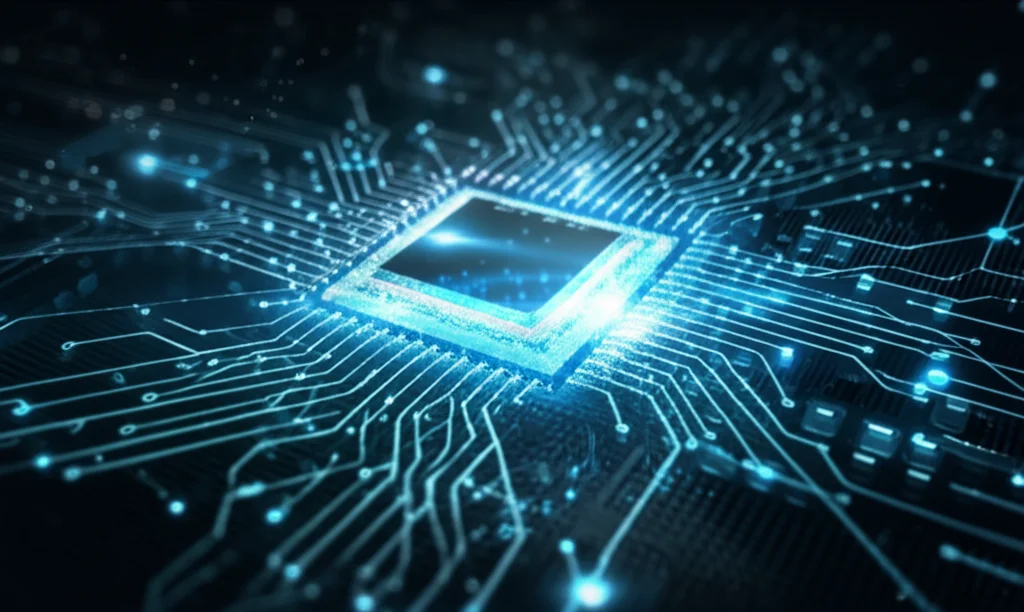 Abstract representation of AI processing medical images, showing layers of neural networks and data flow, macro lens, 60mm, high detail, precise focusing, controlled lighting