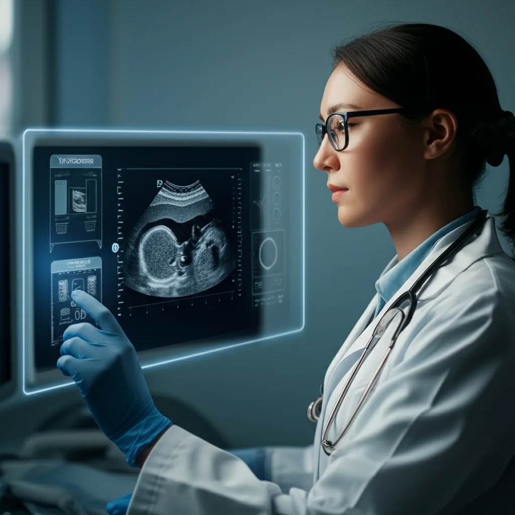Stylized representation of a medical professional interacting with AI interface displaying enhanced ultrasound images, wide-angle, 24mm, sharp focus, controlled lighting