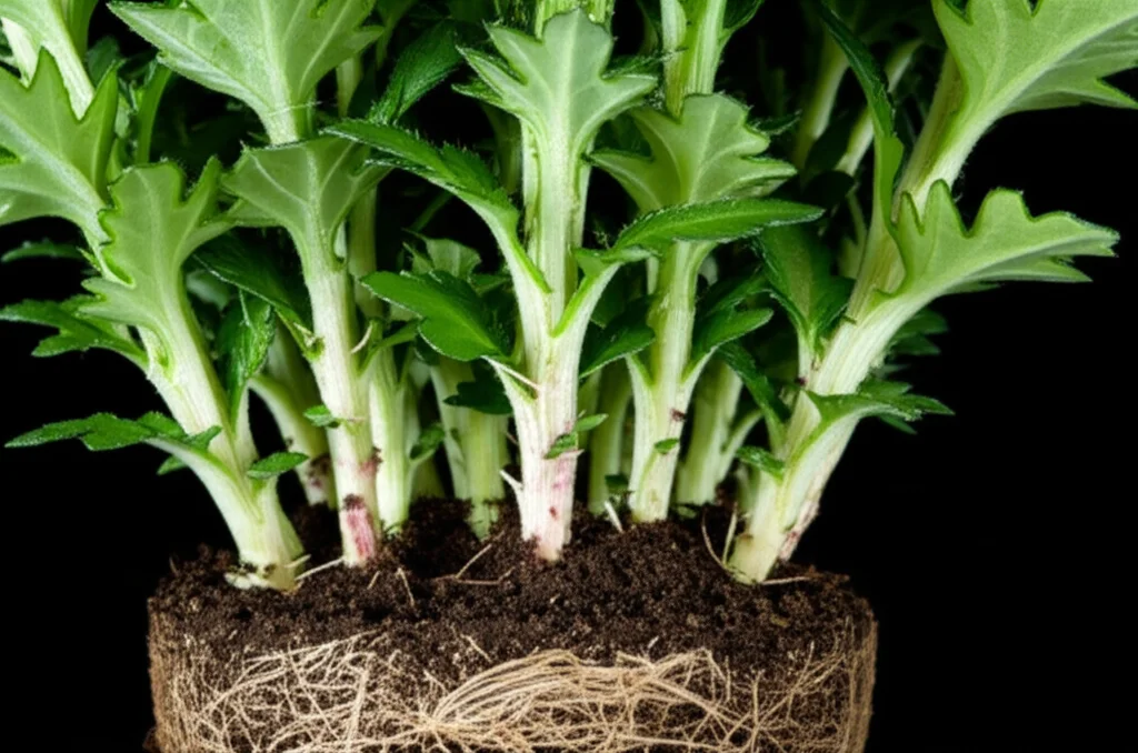 Macro photograph of chrysanthemum leaves, stems, and roots, 100mm Macro lens, high detail, precise focusing, controlled lighting.