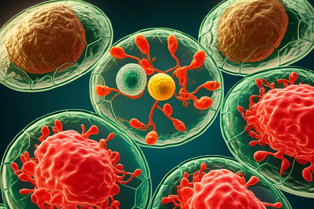 Photorealistic microscopic view of plant cells with abstract representation of enzymes at work, macro lens, 60mm, high detail, precise focusing, controlled lighting.