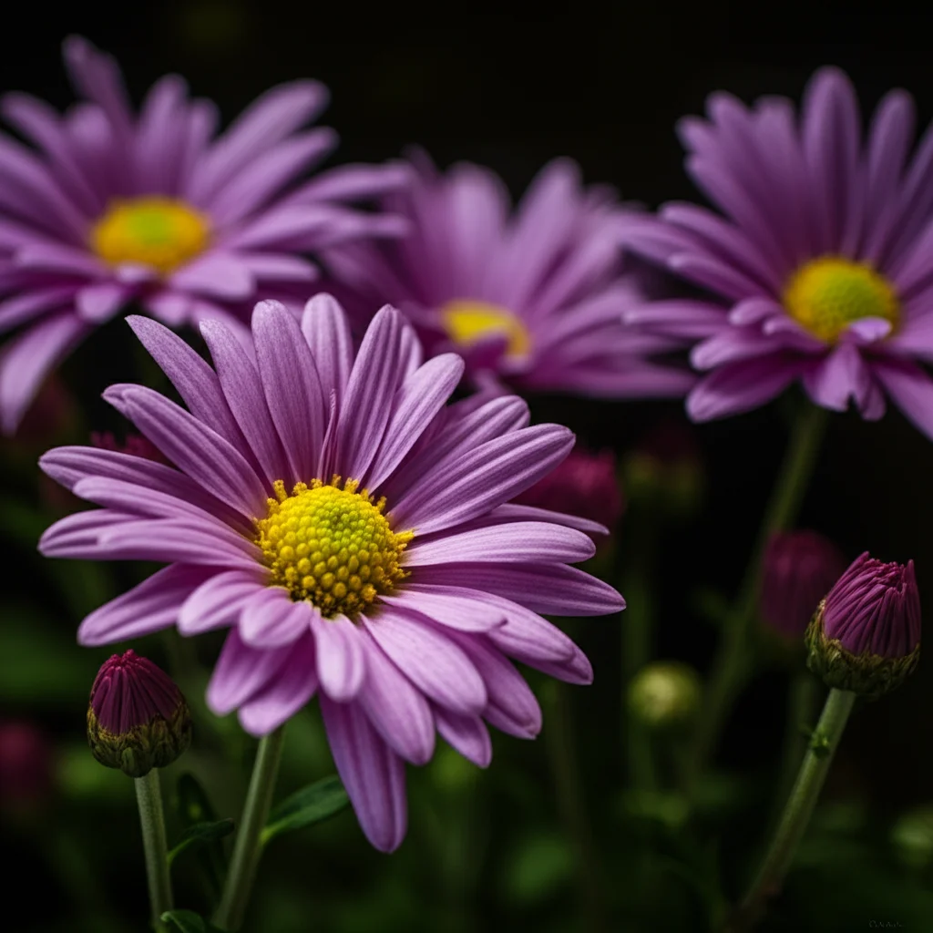 Still life macro photograph of chrysanthemum flowers with a subtle representation of volatile compounds, 105mm Macro lens, high detail, precise focusing, controlled lighting.