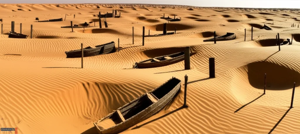 Bronze Age burial site in a hyperarid desert, wide-angle lens, 10mm, sharp focus, showing unique boat-shaped coffins partially covered by sand with upright wooden markers.