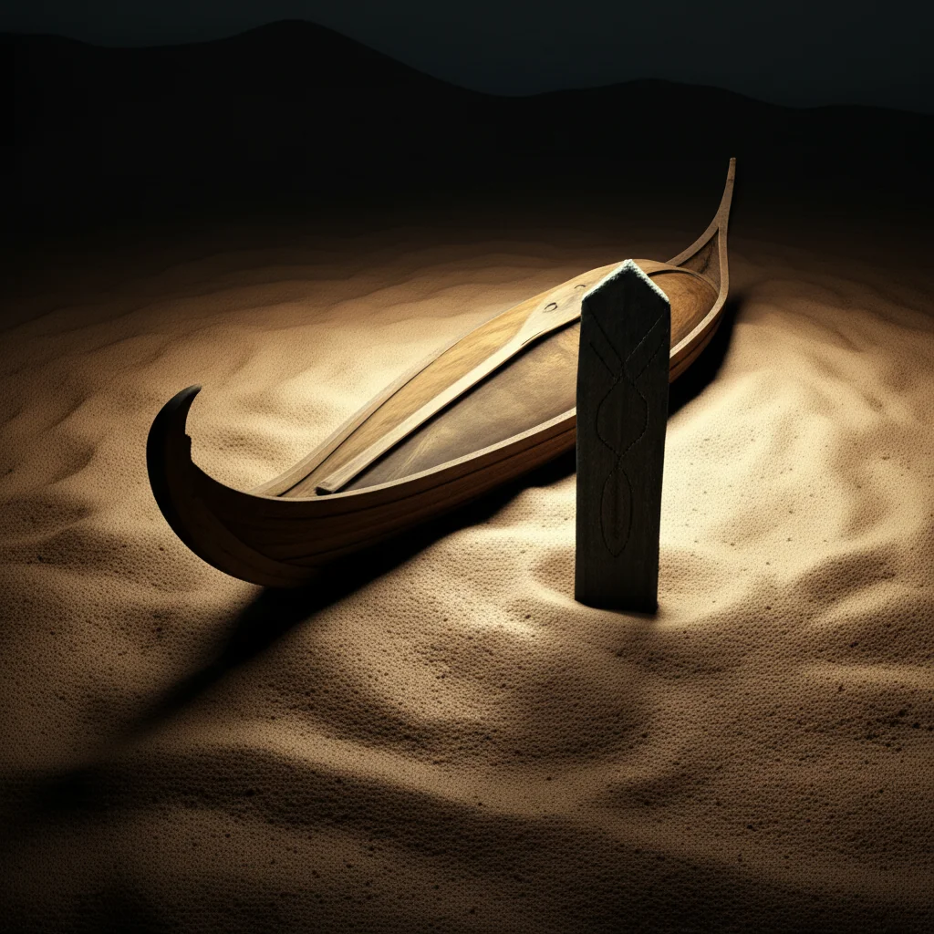 Conceptual illustration of an upturned boat coffin with a paddle-shaped grave marker standing upright in the sand, controlled lighting, high detail.