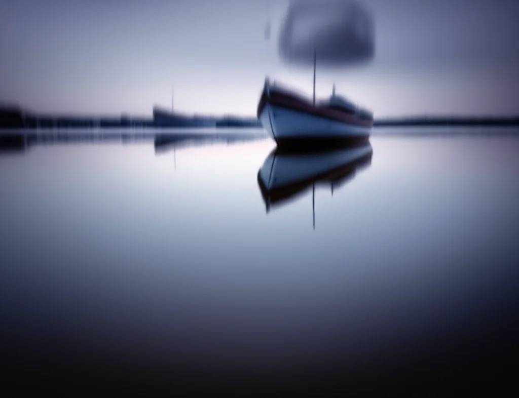 Artistic rendering of an inverted world reflected in a calm water surface, showing boat shapes below the surface, wide-angle lens, 24mm, long exposure, smooth water.