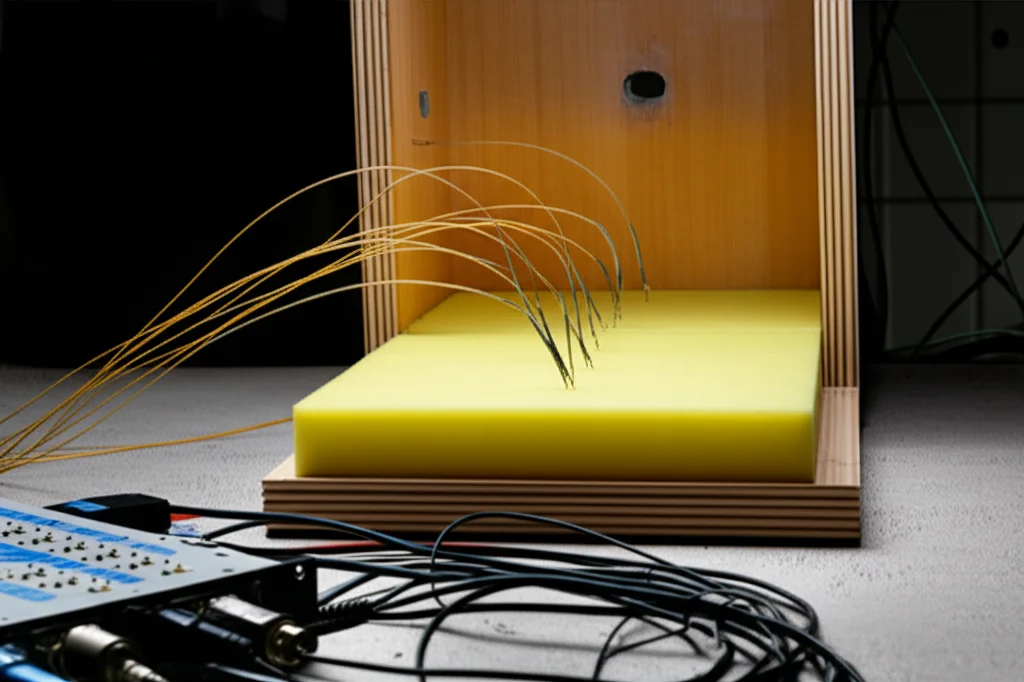 Photorealistic image of a laboratory setup for testing mattress thermal performance. A wooden testing chamber is visible, with wires from T-type thermocouples inserted into layers of polyurethane foam. A data acquisition (DAQ) system with multiple channels is connected via cables. Macro lens, 60mm, high detail, precise focusing, controlled lighting.
